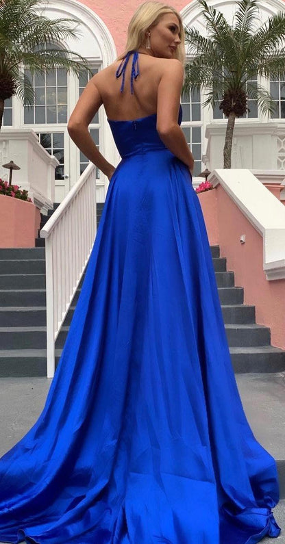 Wunderschönes, rückenfreies, langes Ballkleid aus Stretch-Satin in A-Linie mit V-Ausschnitt und Schlitz