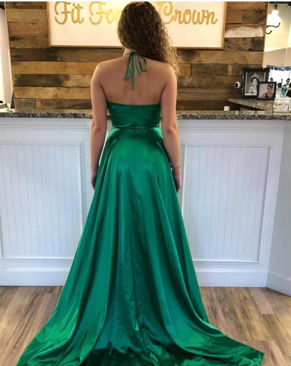Wunderschönes, rückenfreies, langes Ballkleid aus Stretch-Satin in A-Linie mit V-Ausschnitt und Schlitz
