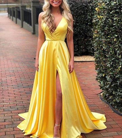Wunderschönes, rückenfreies, langes Ballkleid aus Stretch-Satin in A-Linie mit V-Ausschnitt und Schlitz