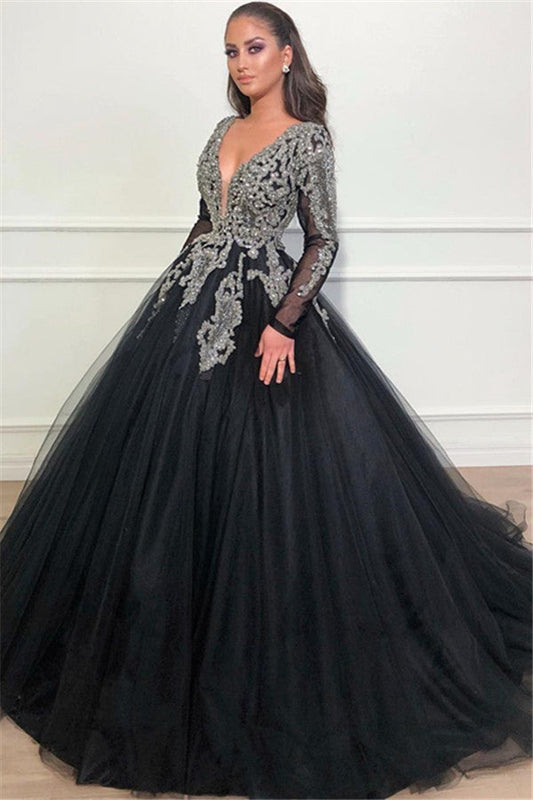 Wunderschönes Ballkleid mit V-Ausschnitt, Applikationen und Spitze, langes Ballkleid mit Ärmeln