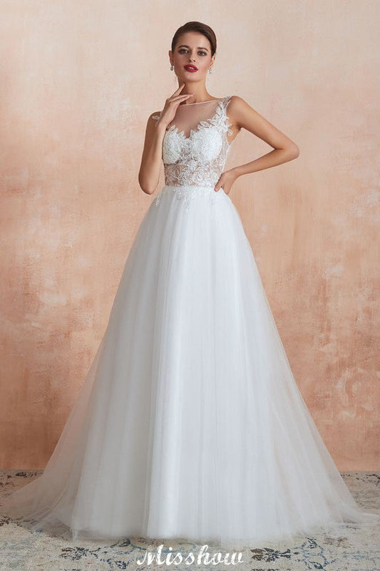 Wunderschönes weißes Brautkleid mit Bateau-Ausschnitt und glitzernden Pailletten