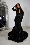 Wunderschönes schwarzes Meerjungfrau-Ballkleid mit langen Ärmeln