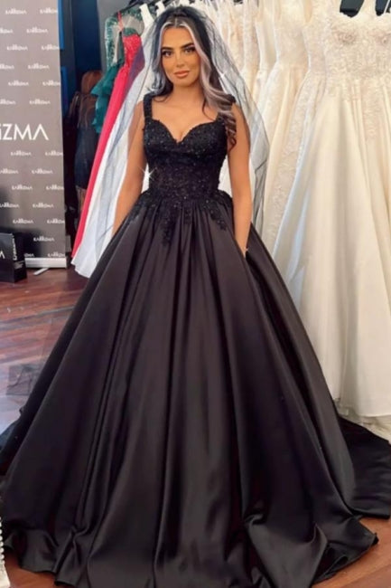 Wunderschöne schwarze ärmellose Brautkleider Prinzessin mit Spitze 
