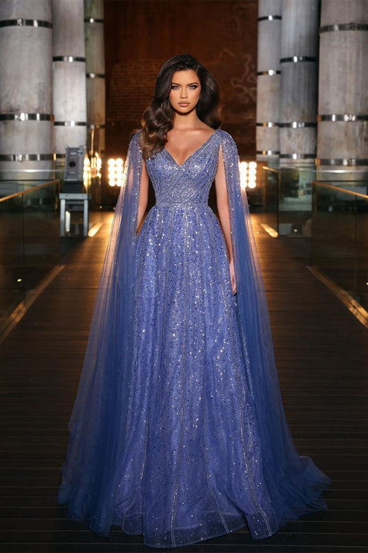 Wunderschönes langes blaues A-Linien-Abendkleid mit V-Ausschnitt und Perlenbesatz und Rüschen