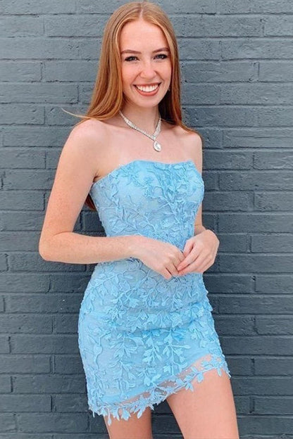 Beautiful Column Lace Strapless Sleeveless Short Prom Dresses