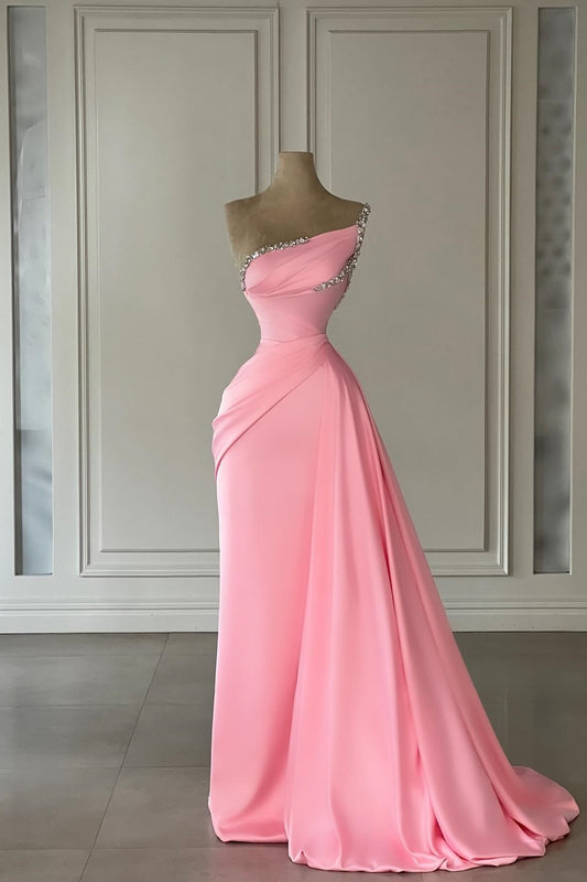Wunderschönes säulenförmiges, trägerloses, ärmelloses rosa Satin-Ballkleid mit Strass