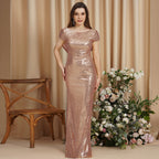 Wunderschönes Ballkleid mit U-Ausschnitt und kurzen Ärmeln und Pailletten