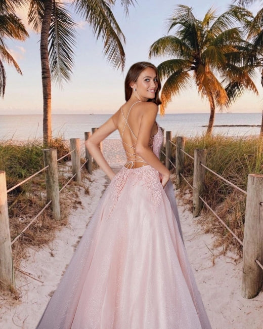 Wunderschönes Abendkleid lang rosa Ballkleider mit Spitze