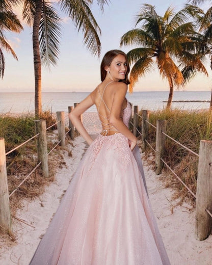 Wunderschönes Abendkleid lang rosa Ballkleider mit Spitze
