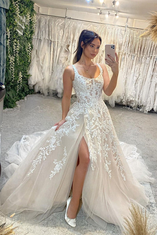 Wunderschönes bodenlanges ärmelloses A-Linien-Brautkleid aus Spitze mit Trägern