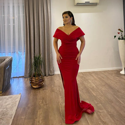 Beautiful Floor Length V-Neck Off-The-Shoulder Mermaid Ruby Prom Dress with Split