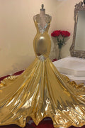 Wunderschönes, ärmelloses, bodenlanges Meerjungfrau-Ballkleid mit goldener Perlenverzierung und V-Ausschnitt