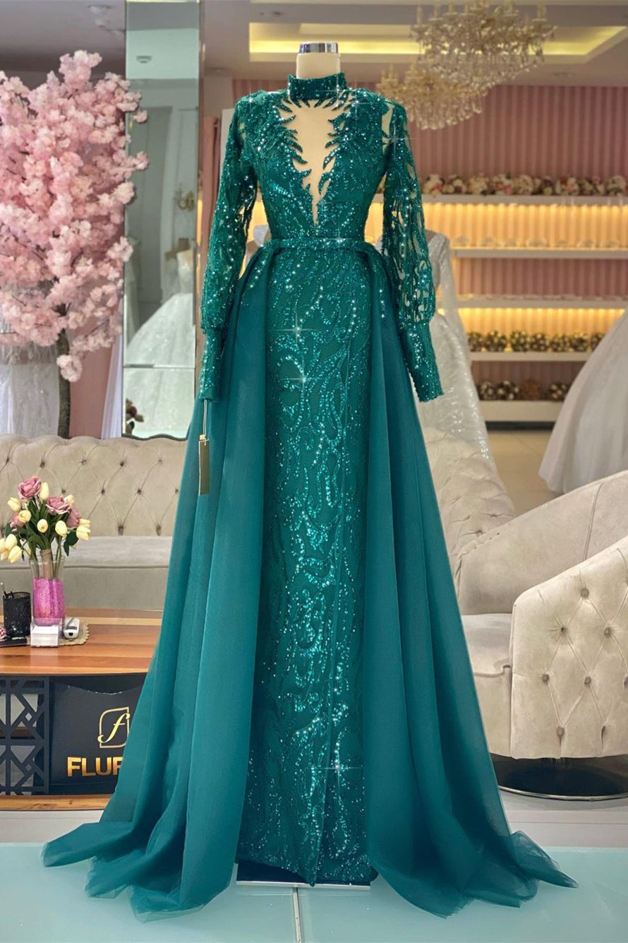 Hermoso vestido de fiesta verde de corte A, mangas largas, cuello alto y encaje