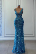 Hermoso vestido de fiesta largo azul de corte A con escote en V y lentejuelas sin mangas
