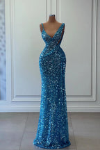 Hermoso vestido de fiesta largo azul de corte A con escote en V y lentejuelas sin mangas