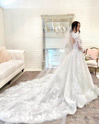 Wunderschönes langes A-Linien-Brautkleid mit hohem Halsausschnitt, offener Rückenspitze und Ärmeln