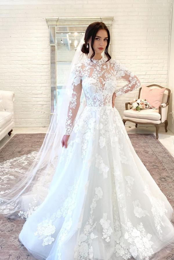 Wunderschönes langes A-Linien-Brautkleid mit hohem Halsausschnitt, offener Rückenspitze und Ärmeln