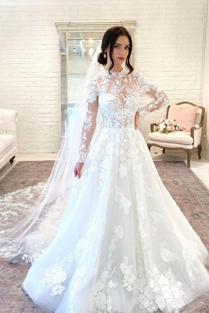 Wunderschönes langes A-Linien-Brautkleid mit hohem Halsausschnitt, offener Rückenspitze und Ärmeln