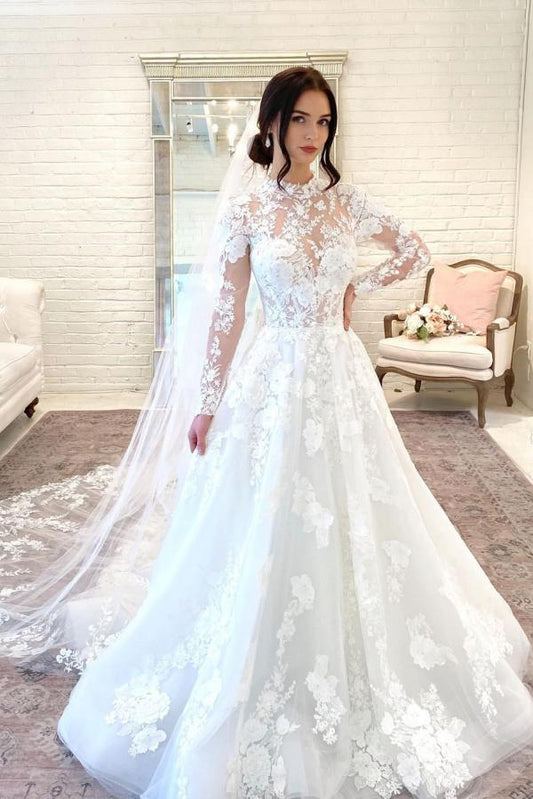 Wunderschönes langes A-Linien-Brautkleid mit hohem Halsausschnitt, offener Rückenspitze und Ärmeln