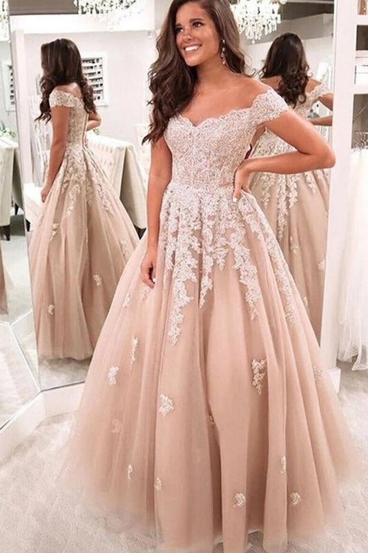Wunderschönes langes, schulterfreies, rückenfreies Ballkleid aus Spitze und Tüll in A-Linie