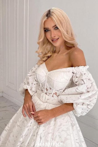 Wunderschönes langes A-Linien-Brautkleid mit schulterfreien Ärmeln und Spitze