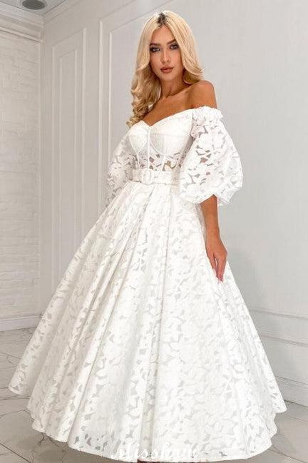 Wunderschönes langes A-Linien-Brautkleid mit schulterfreien Ärmeln und Spitze