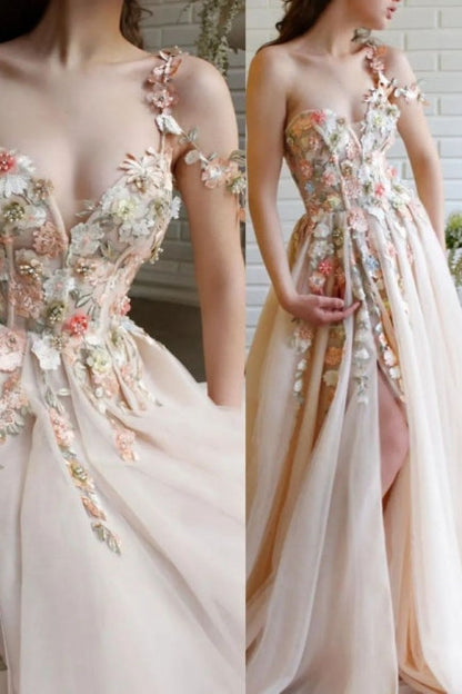 Schöne lange A-Linie One-Shoulder-Blumen-Abendkleider mit Schlitz