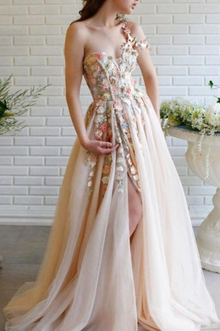 Schöne lange A-Linie One-Shoulder-Blumen-Abendkleider mit Schlitz