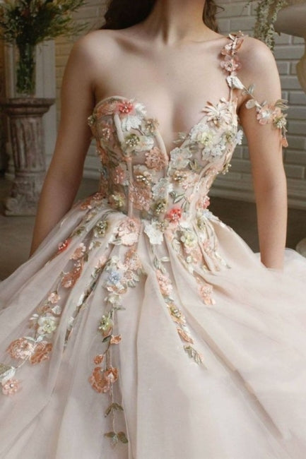 Beautiful Long A-line One Shoulder Flowers Evening Dresses With Slit
