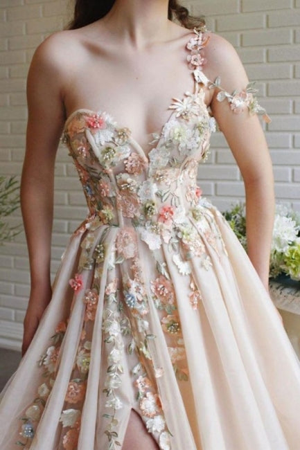 Schöne lange A-Linie One-Shoulder-Blumen-Abendkleider mit Schlitz