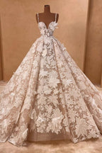 Hermosos vestidos de novia largos de corte A con tirantes finos, apliques de encaje y sin mangas