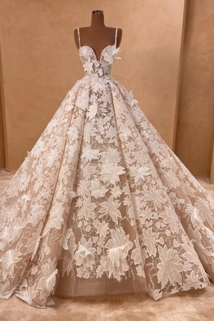 Hermosos vestidos de novia largos de corte A con tirantes finos, apliques de encaje y sin mangas
