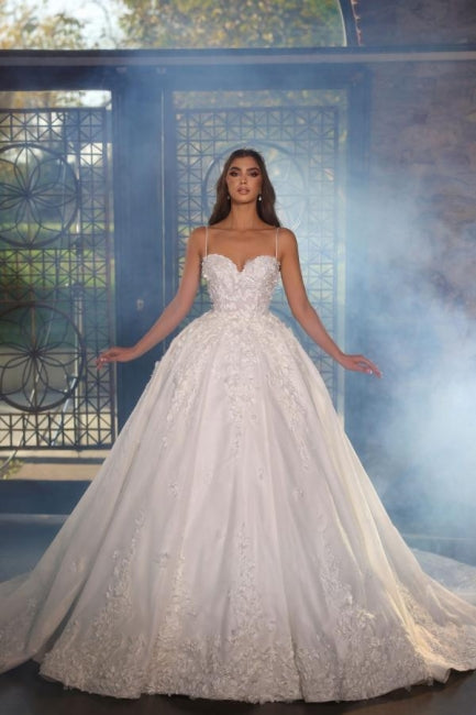 Wunderschöne lange A-Linie Träger Satin Applikationen Brautkleider mit Spitze