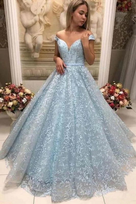 Wunderschönes langes A-Linien-Ballkleid mit Herzausschnitt und schulterfreier Spitze