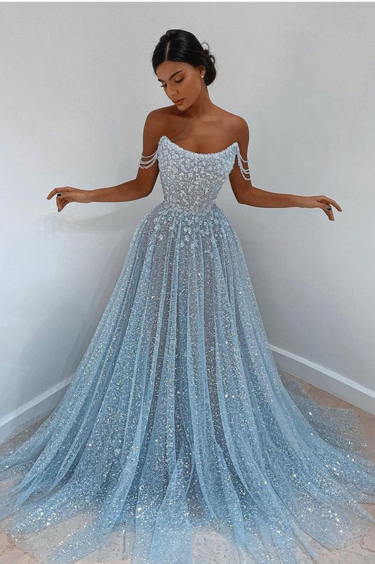 Wunderschönes langes A-Linien-Ballkleid mit U-Ausschnitt und Pailletten