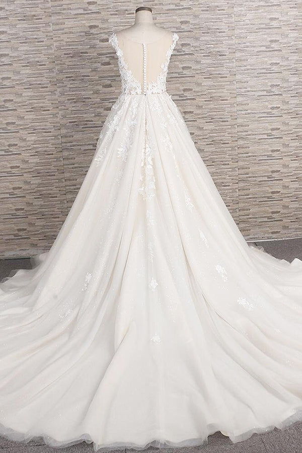 Wunderschönes langes rückenfreies A-Linien-Brautkleid mit Tüll und Spitzenapplikationen