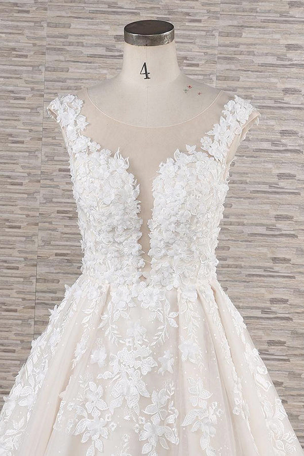 Hermoso vestido de novia largo de corte A con apliques de encaje de tul y espalda descubierta