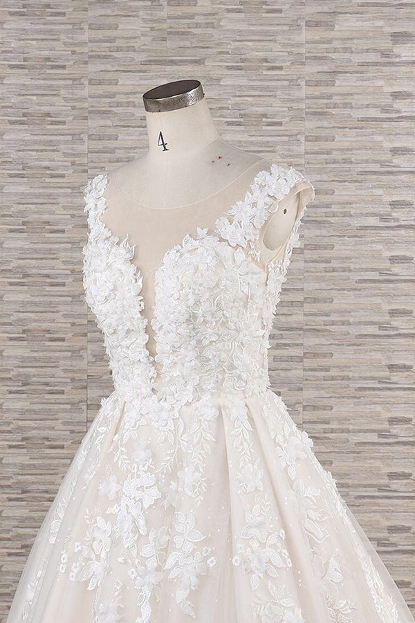 Hermoso vestido de novia largo de corte A con apliques de encaje de tul y espalda descubierta