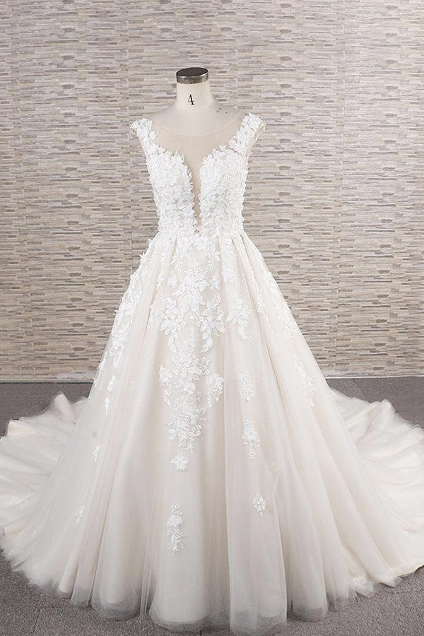 Hermoso vestido de novia largo de corte A con apliques de encaje de tul y espalda descubierta