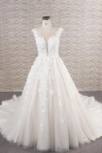Hermoso vestido de novia largo de corte A con apliques de encaje de tul y espalda descubierta