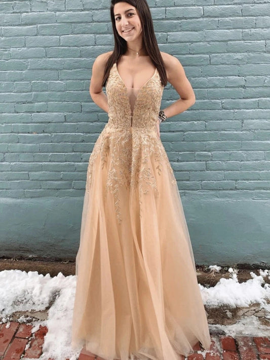 Wunderschönes langes rückenfreies A-Linien-Ballkleid aus Tüll mit V-Ausschnitt