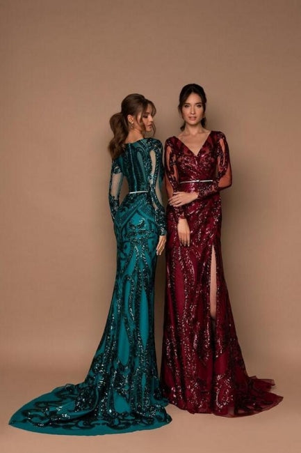 Wunderschönes langes schwarzes Meerjungfrau-Abendkleid mit V-Ausschnitt und langen Ärmeln