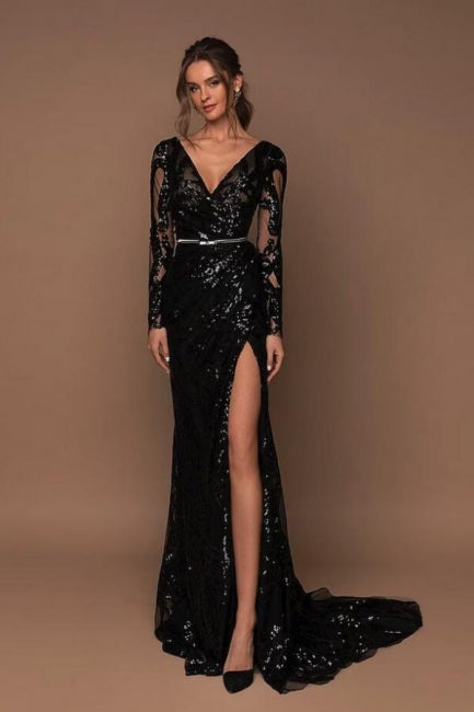 Wunderschönes langes schwarzes Meerjungfrau-Abendkleid mit V-Ausschnitt und langen Ärmeln