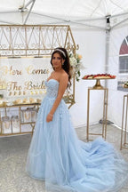 Hermosos vestidos de noche largos azules de corte A sin mangas con apliques y encaje