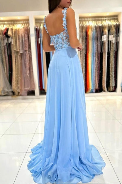 Hermosos vestidos de noche largos azules con tirantes sencillos, apliques, sin mangas y abertura