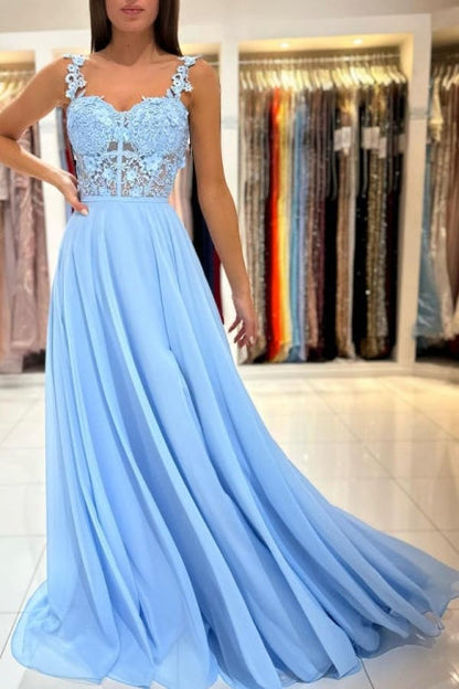 Hermosos vestidos de noche largos azules con tirantes sencillos, apliques, sin mangas y abertura