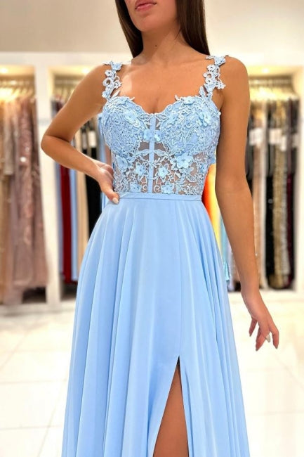 Hermosos vestidos de noche largos azules con tirantes sencillos, apliques, sin mangas y abertura