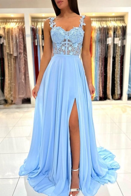 Hermosos vestidos de noche largos azules con tirantes sencillos, apliques, sin mangas y abertura