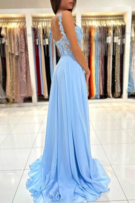 Hermosos vestidos de noche largos azules con tirantes sencillos, apliques, sin mangas y abertura
