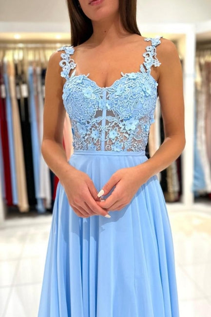 Hermosos vestidos de noche largos azules con tirantes sencillos, apliques, sin mangas y abertura